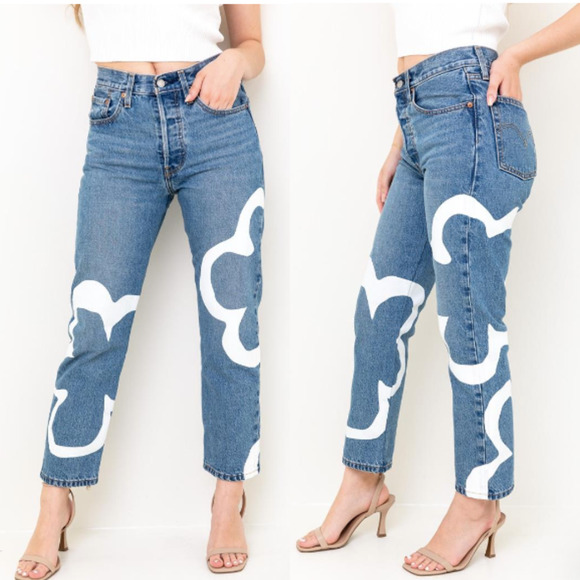NEW Levi's 501 Crop Paint Number Flower Wavy Lined Straight Denim Blue Jeans 24 - Picture 1 of 13
